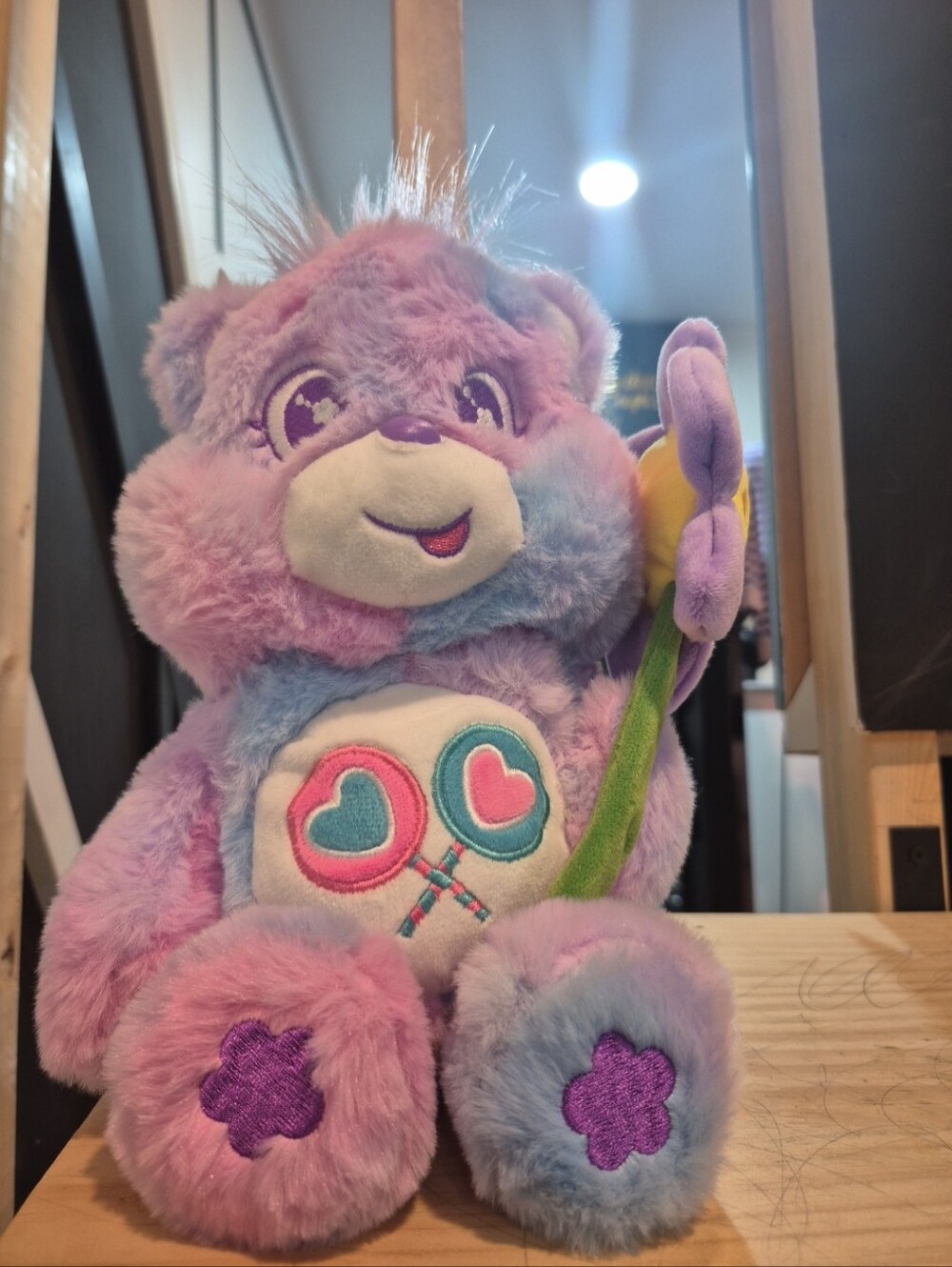 Care Bear Purple Plush Heart Lollipop Teddy Bear Holding Yellow Flower